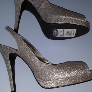 Glitter Iridescent Silver Gold Barbie peep toe sling back stiletto heels 9